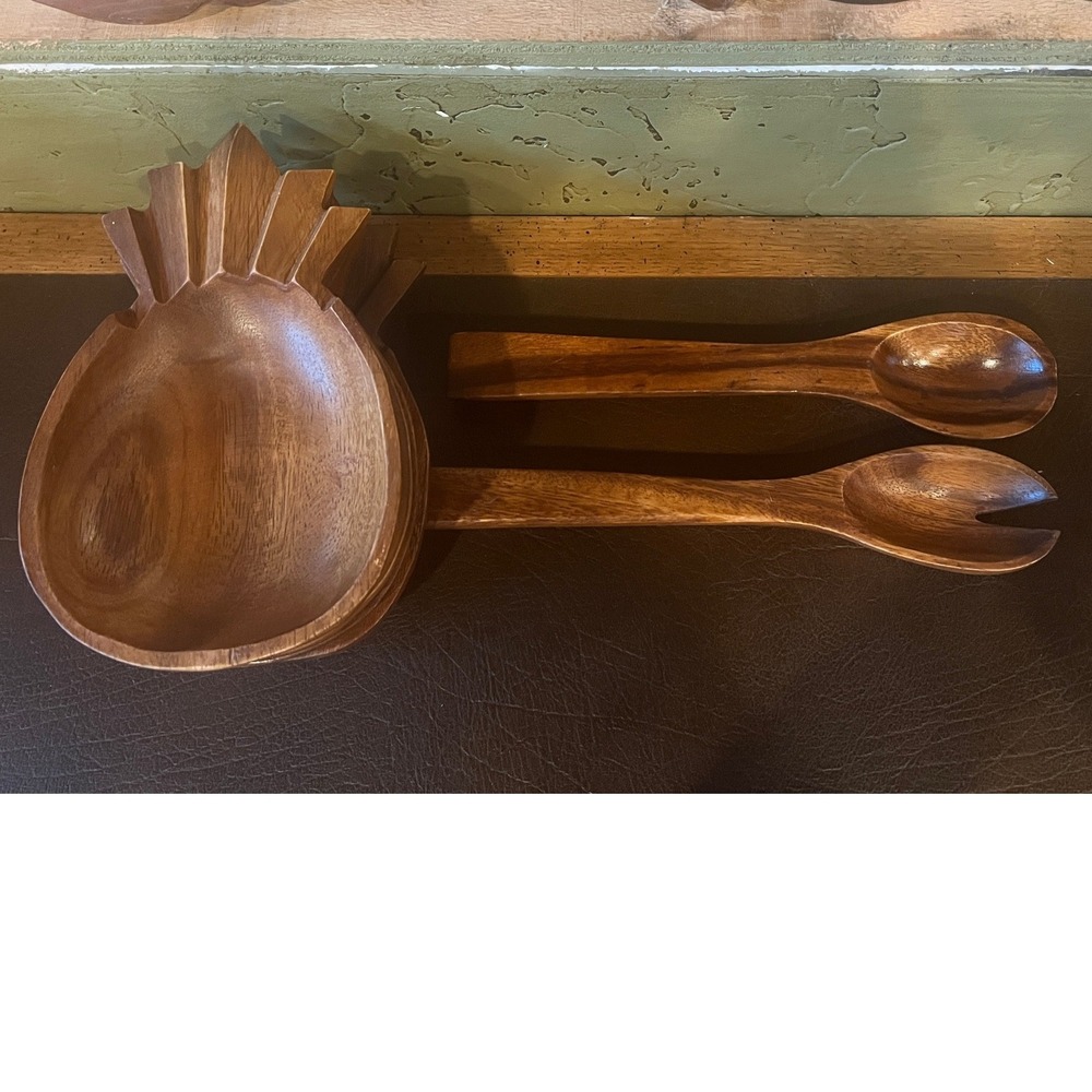 Vintage Handcrafted Monkey Pod Wood Pineapple Salad Set 7pc Philippines Tiki - Picture 12 of 12